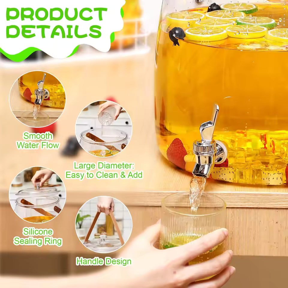 5.2L beverage dispenser with spigot pouring orange drink with lemon slices and berries on wooden table