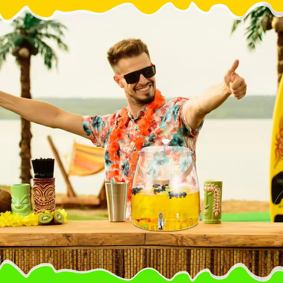 5.2L beverage dispenser with spigot filled with fruit-infused drink on outdoor tropical bar