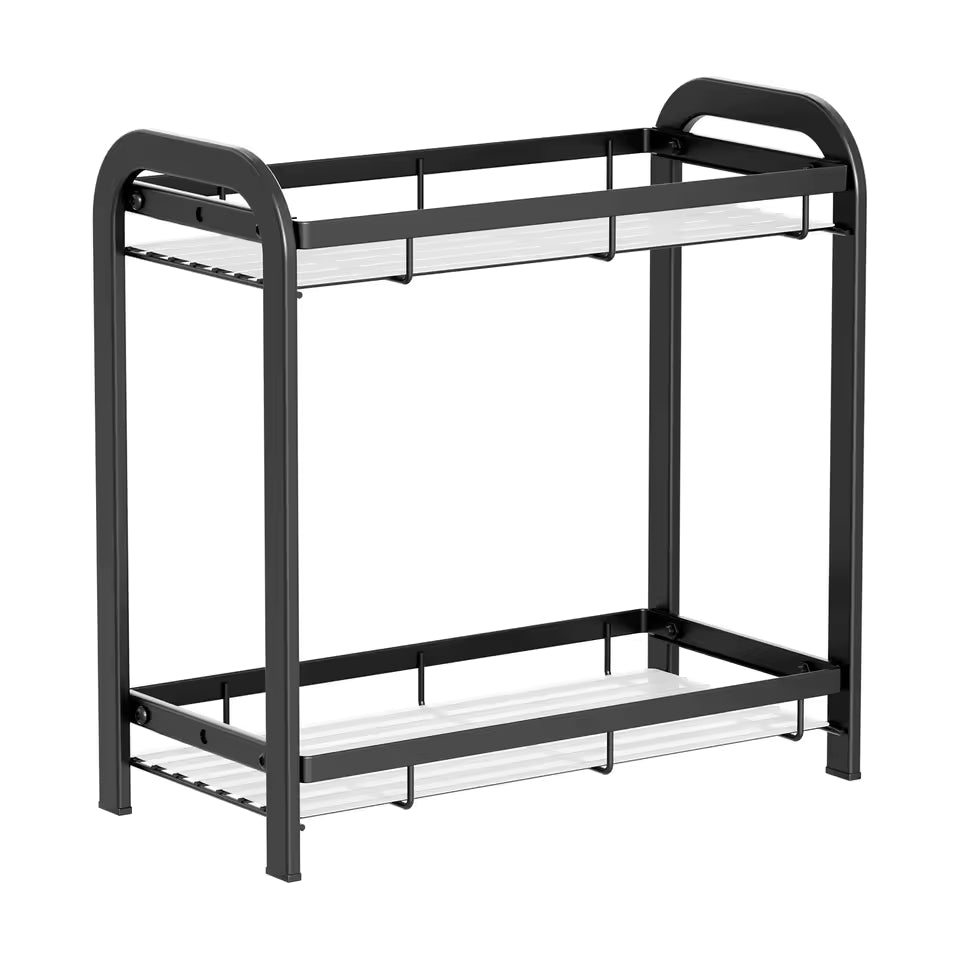 Black metal 2 tier bathroom counter organizer with sturdy frame and clear shelves for bathroom storage