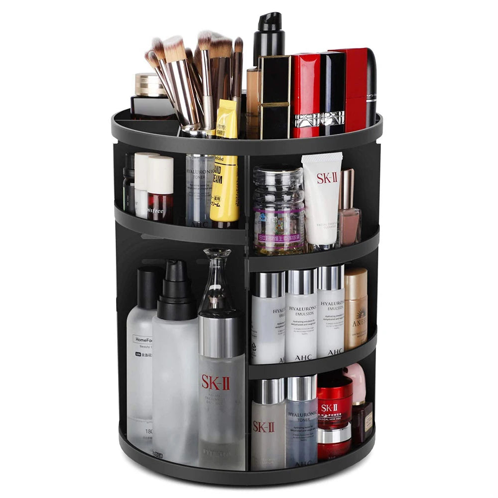 Clarify.pk black 360 degree makeup organizer holding various cosmetics and brushes