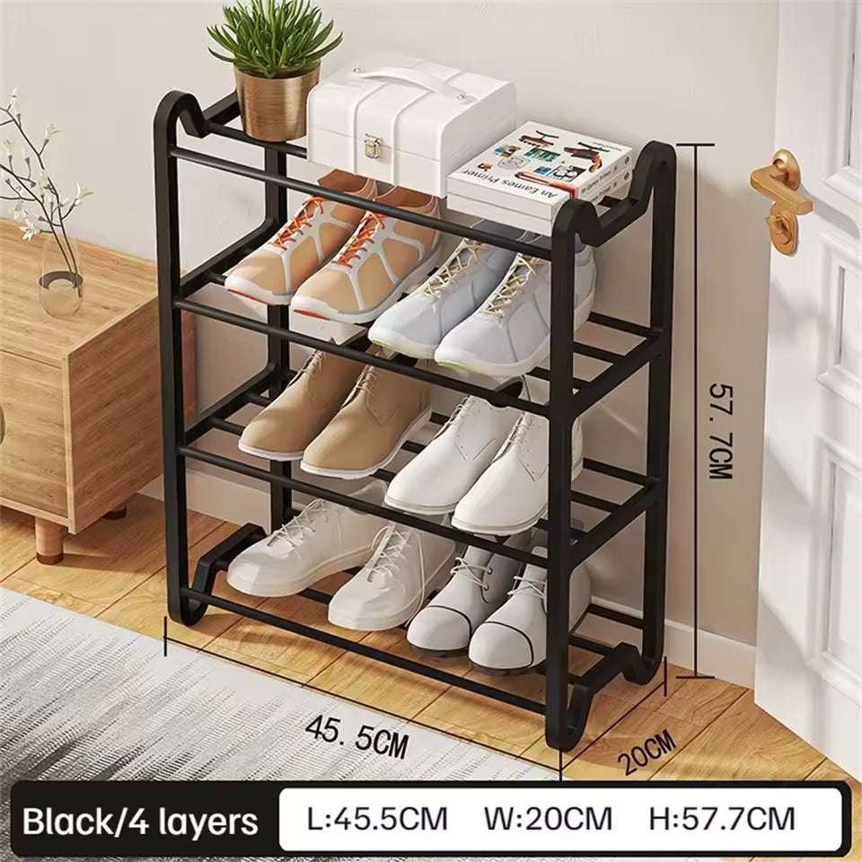 Clarify.pk black 4 layer shoe rack with metal frame holding multiple pairs of shoes
