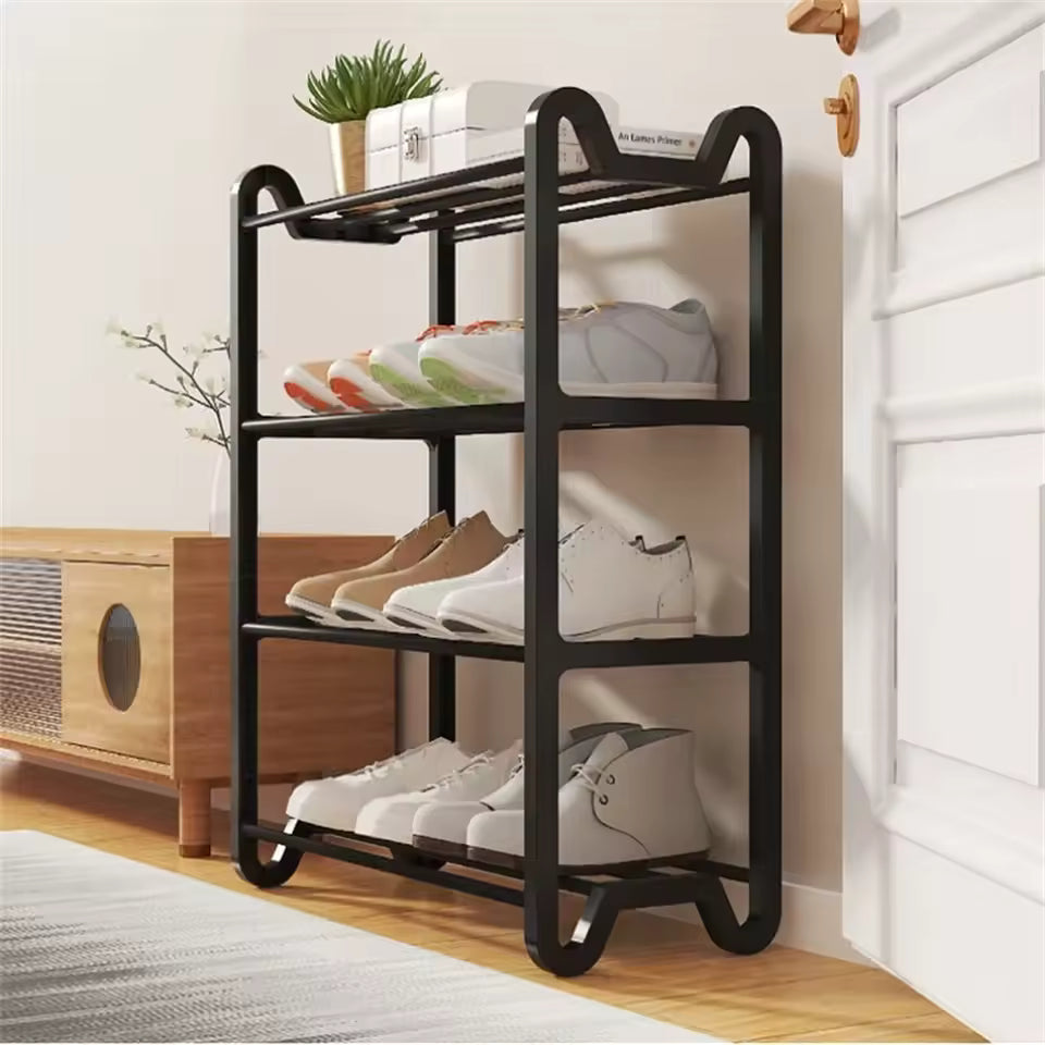 Clarify.pk 4 layer shoe rack in black metal frame holding multiple pairs of shoes in a modern room