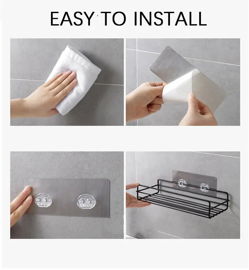 Step-by-step easy to install black bathroom shelf organizer with adhesive and suction cups on tiled wall