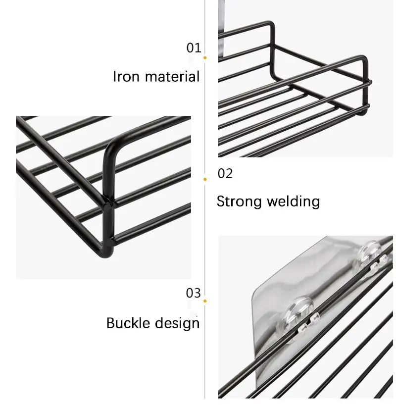 Black bathroom shelf organizer made of iron with strong welding and buckle design for secure wall mounting