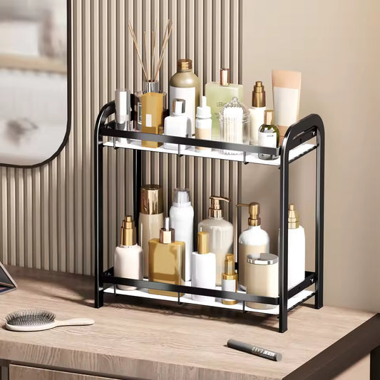 Clarify.pk 2 tier bathroom counter organizer in black metal holding various skincare and beauty bottles