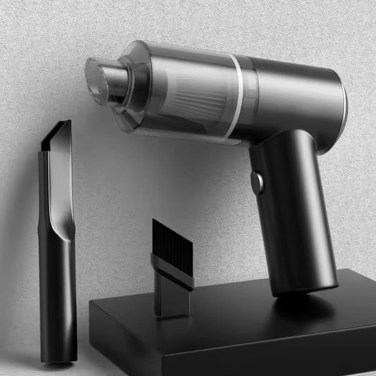 Clarify.pk mini cordless car vacuum cleaner with two attachments on black stand for easy car cleaning