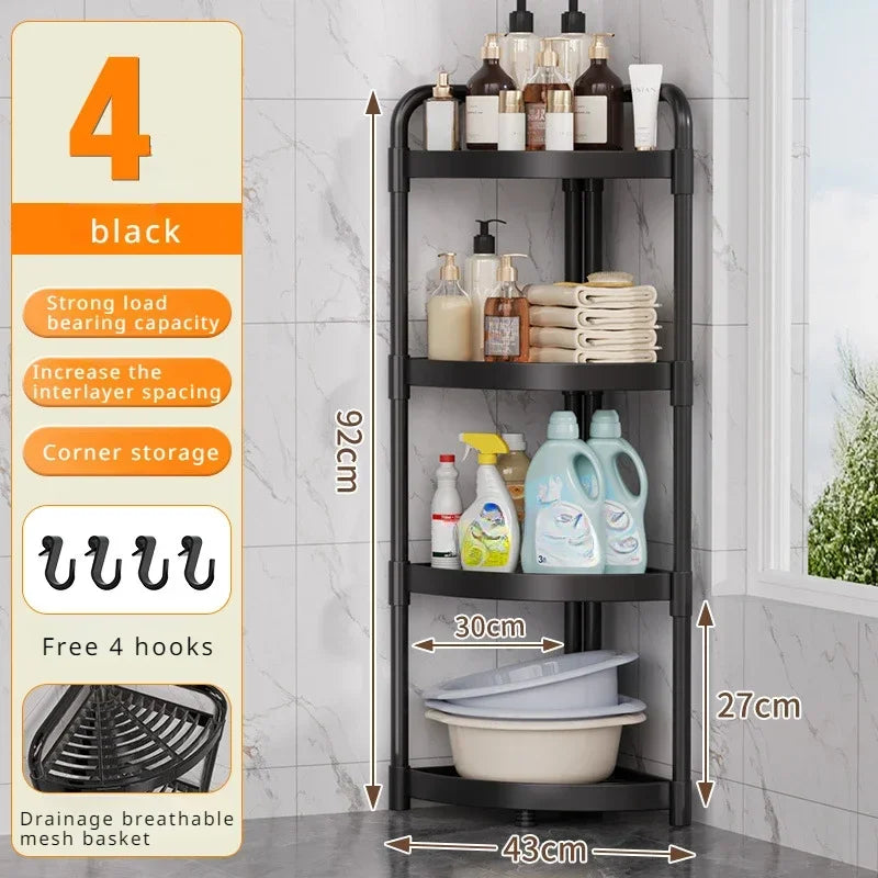 Clarify.pk black multi tier storage organizer bathroom shelf with four hooks and breathable mesh basket