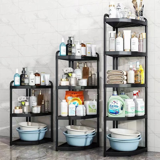 Clarify.pk black multi tier storage organizer bathroom shelves holding toiletries towels and cleaning supplies