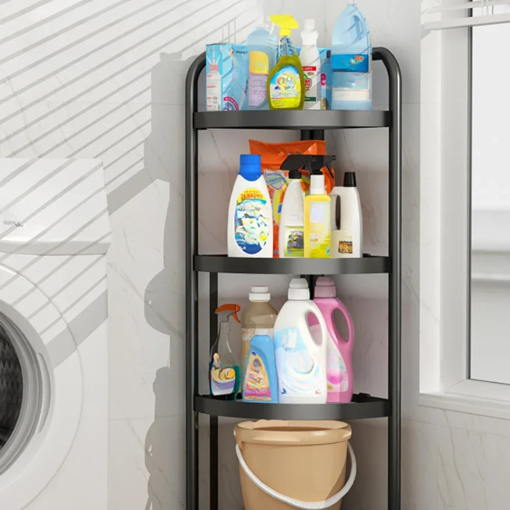 Clarify.pk multi tier storage organizer in black holding cleaning supplies and toiletries in bathroom