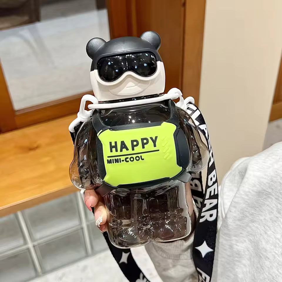 800ml Sports Water Bottle With Straw shaped like a black and white bear with a green happy mini-cool vest