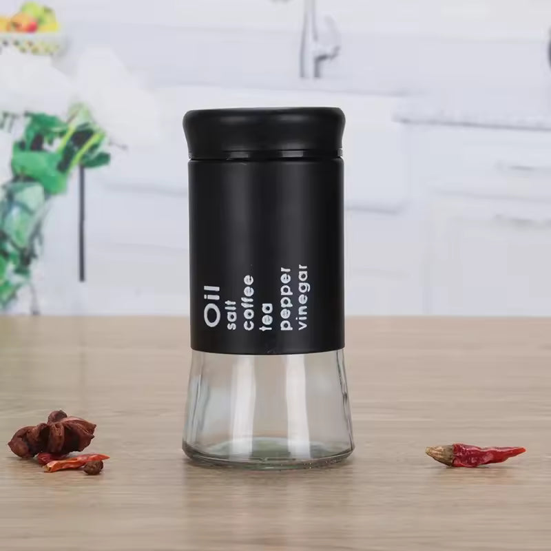 Clarify.pk black and clear kitchen spice jar container with labels for oil salt coffee pepper and vinegar