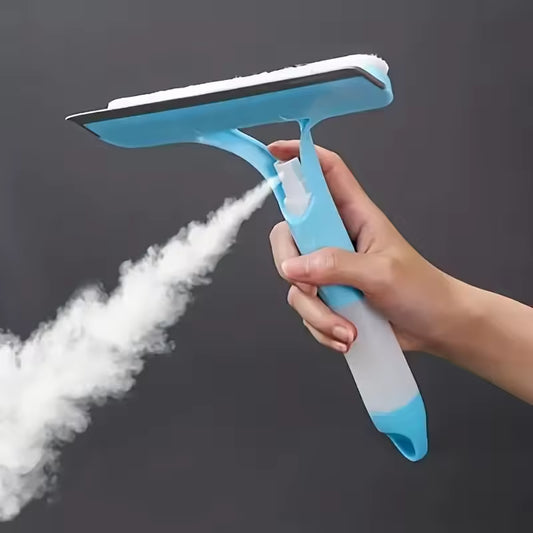 Hand holding blue 3-in-1 shower scraper spraying steam for easy cleaning