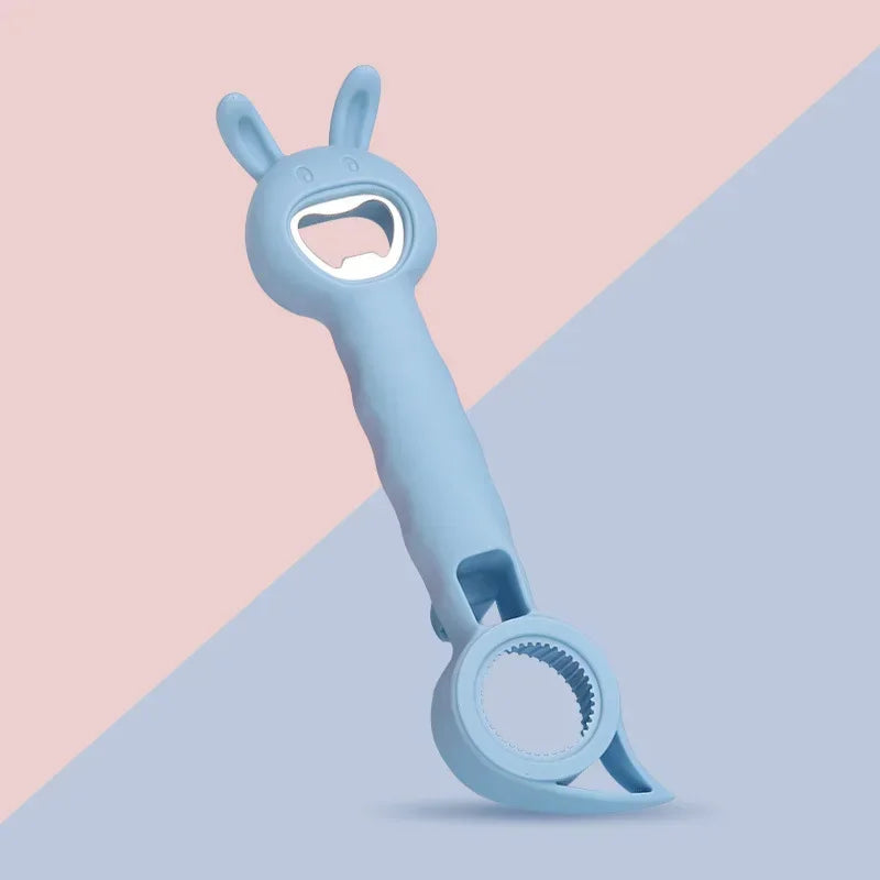 Clarify.pk 4 In 1 Beer Bottle Opener in blue with bunny ears design on pink and blue background