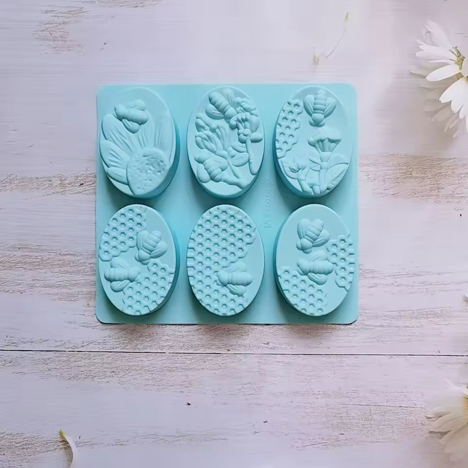 Clarify pk 6 cavity oval soap mold with floral and bee designs for crafting decorative soaps