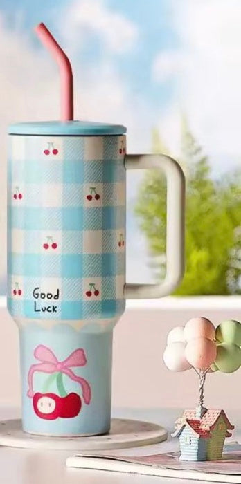 Clarify.pk 1200ml stainless steel tumbler with blue checkered pattern and cherry design with straw