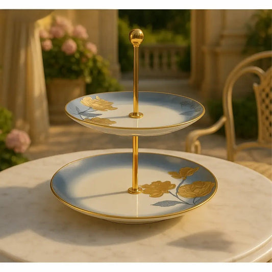 Blue & Gold 2-Tier Dessert Stand with floral design and gold accents on a marble table