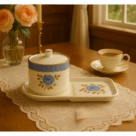 Clarify.pk blue rose ceramic condiment set with a covered jar and divided tray on a lace tablecloth