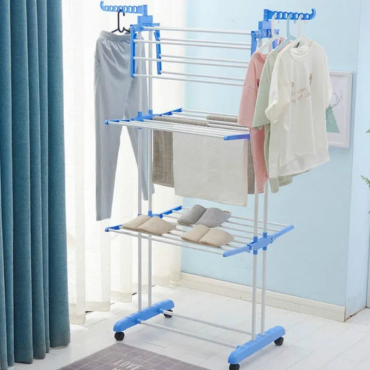 Clarify.pk multi layer drying rack with blue and white frame holding clothes and towels indoors