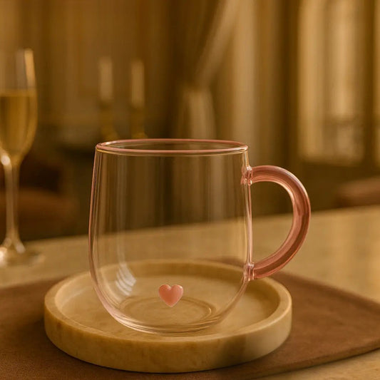 Blush Heart Double-Wall Glass Mug with pink handle and heart design on wooden tray