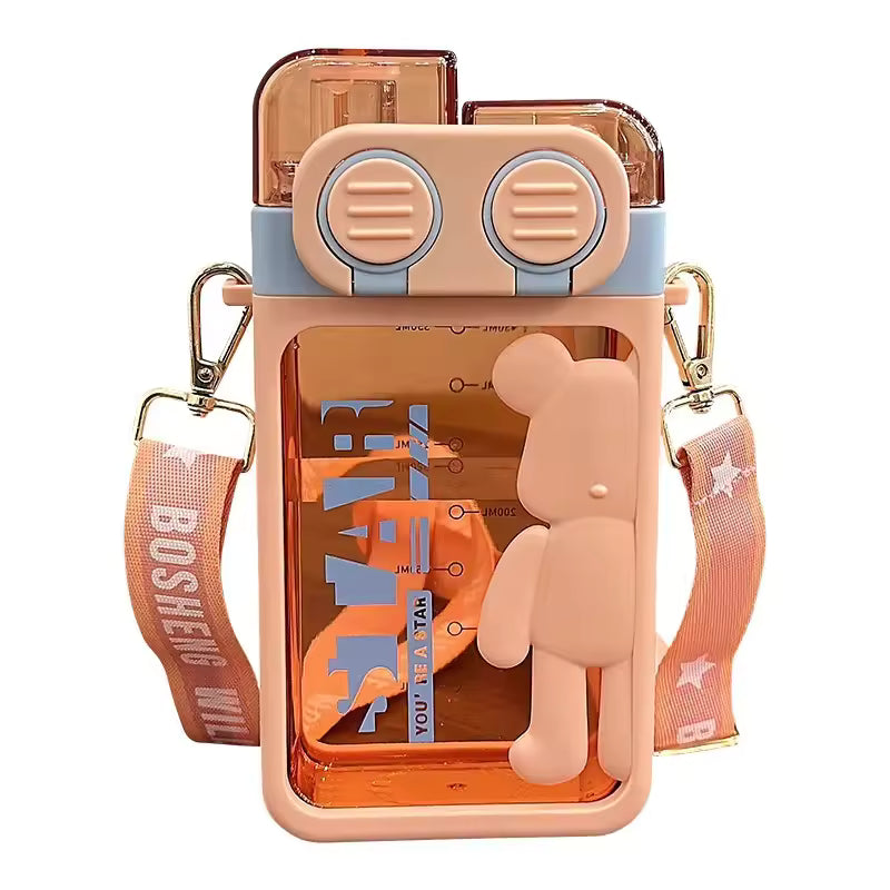 Clarify.pk cartoon bear water bottle with orange body and detachable strap for easy carrying