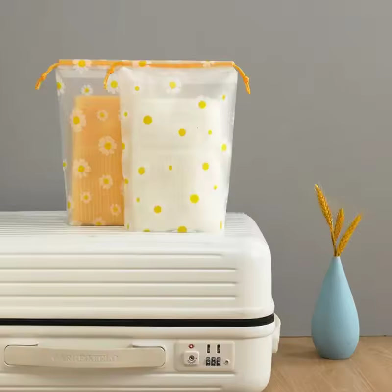 Clarify.pk 4 piece travel storage bags with yellow polka dot design placed on white suitcase