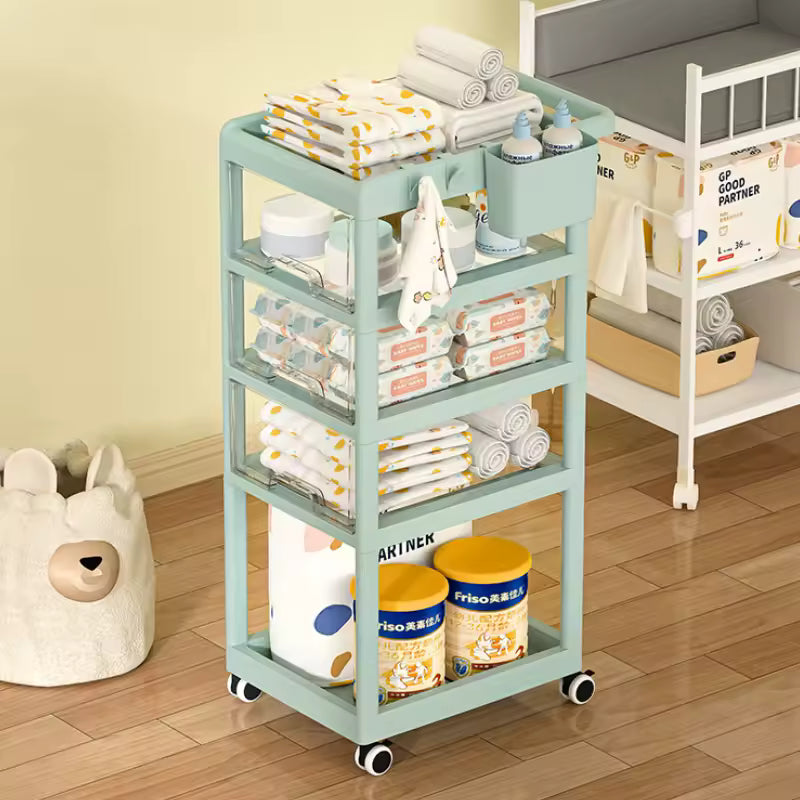 Light blue large capacity storage trolley with four shelves holding baby supplies and towels on wheels
