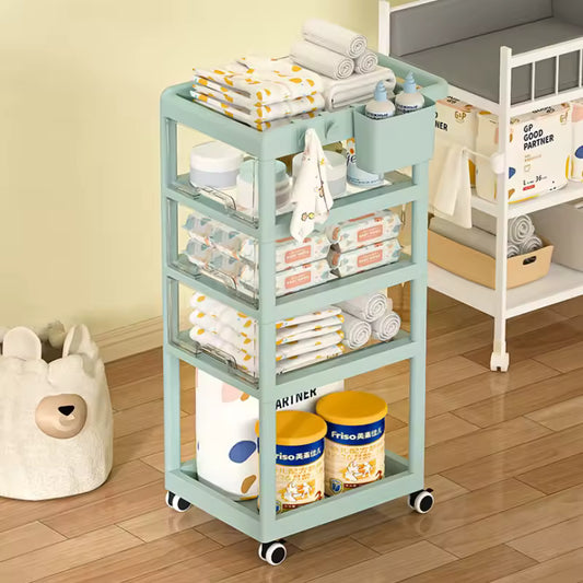Light blue large capacity storage trolley with four shelves holding baby supplies and towels on wheels