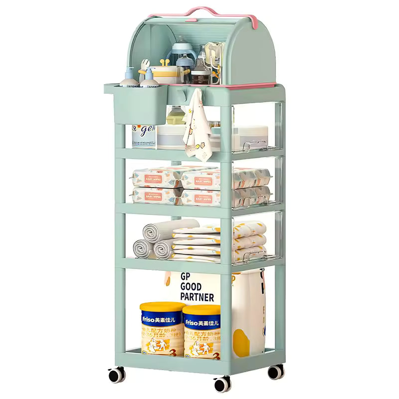 Clarify large capacity storage trolley in green with multiple shelves and rolling wheels for organized home storage