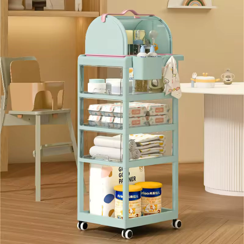Clarify.pk large capacity storage trolley in light blue with multiple shelves and wheels for easy mobility