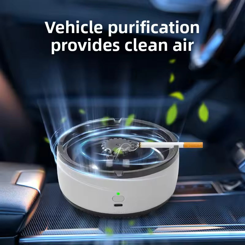 Smart air purifier ashtray in car center console providing clean air and smoke removal