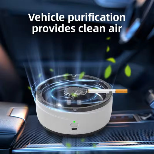 Smart air purifier ashtray in car center console providing clean air and smoke removal