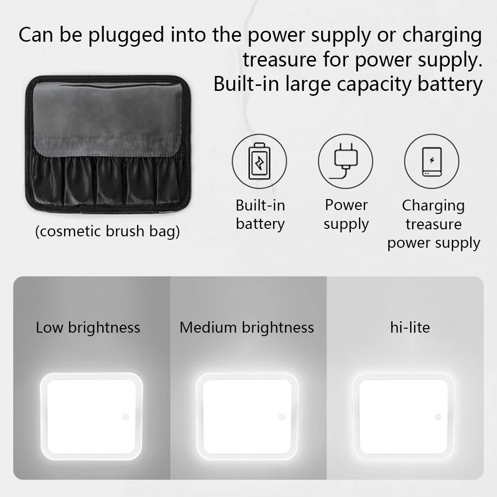 Smart LED makeup case with mirror showing built-in battery and three brightness levels for makeup application