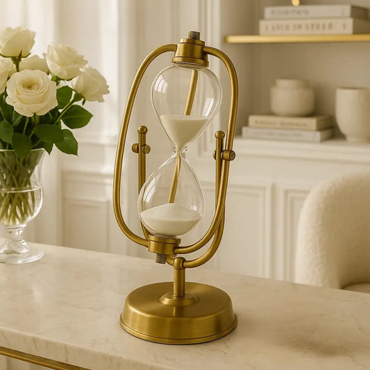 Elegant brass hourglass timer with white sand on a marble table in a cozy living room setting