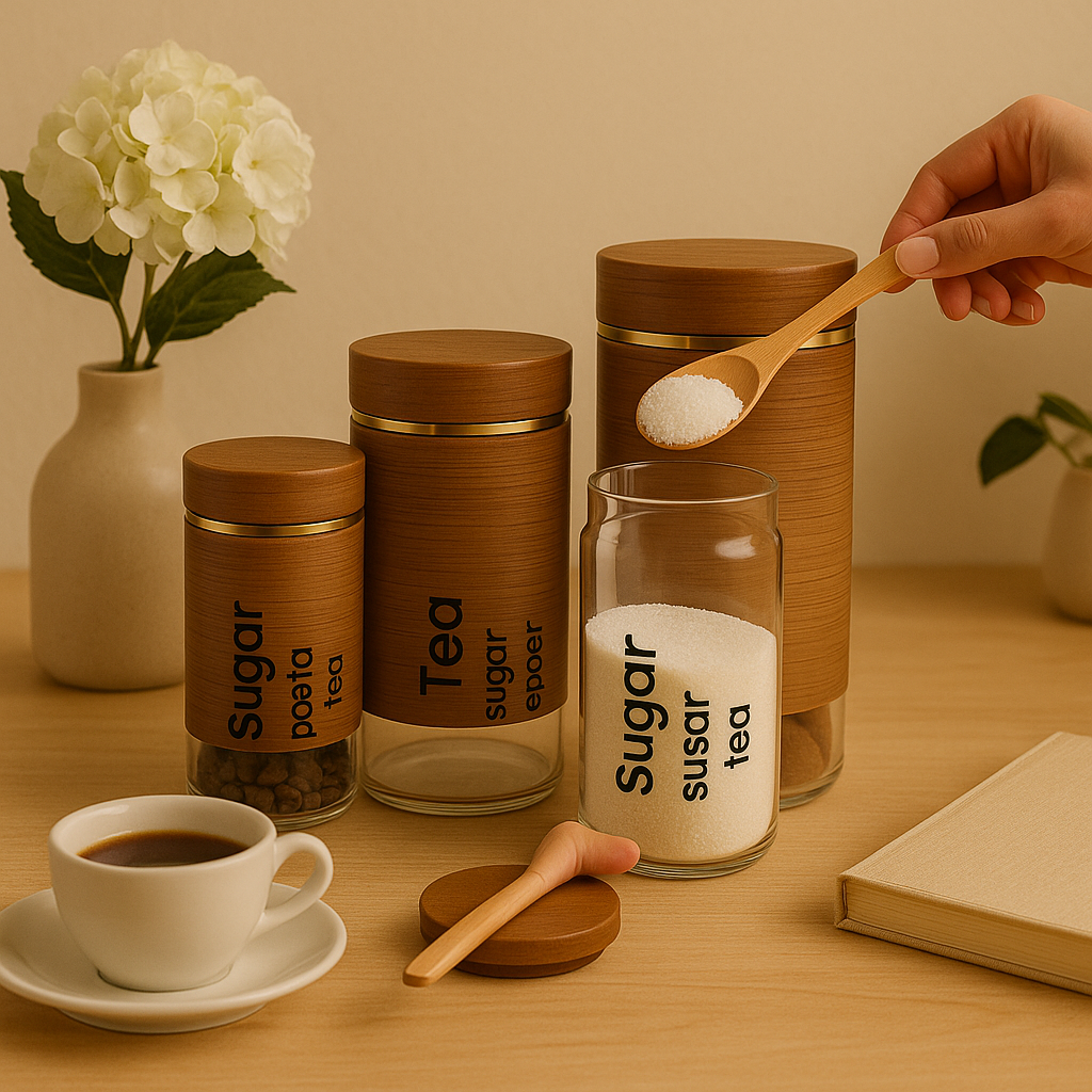 3-Piece Glass Storage Jar Set – Wooden Lid Coffee, Tea & Sugar Containers