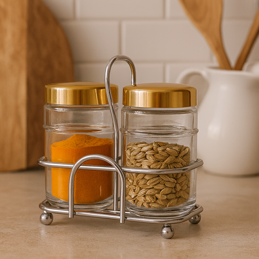 Glass Spice Jar Set with Golden Lids & Rack – Elegant Kitchen Storage