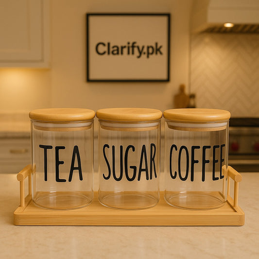 Kitchen Glass Jar Set with Wooden Tray – 3 Pcs