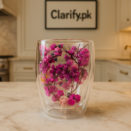 Purple & Magenta Floral Double Wall Glass Cup – Heat-Resistant Mug