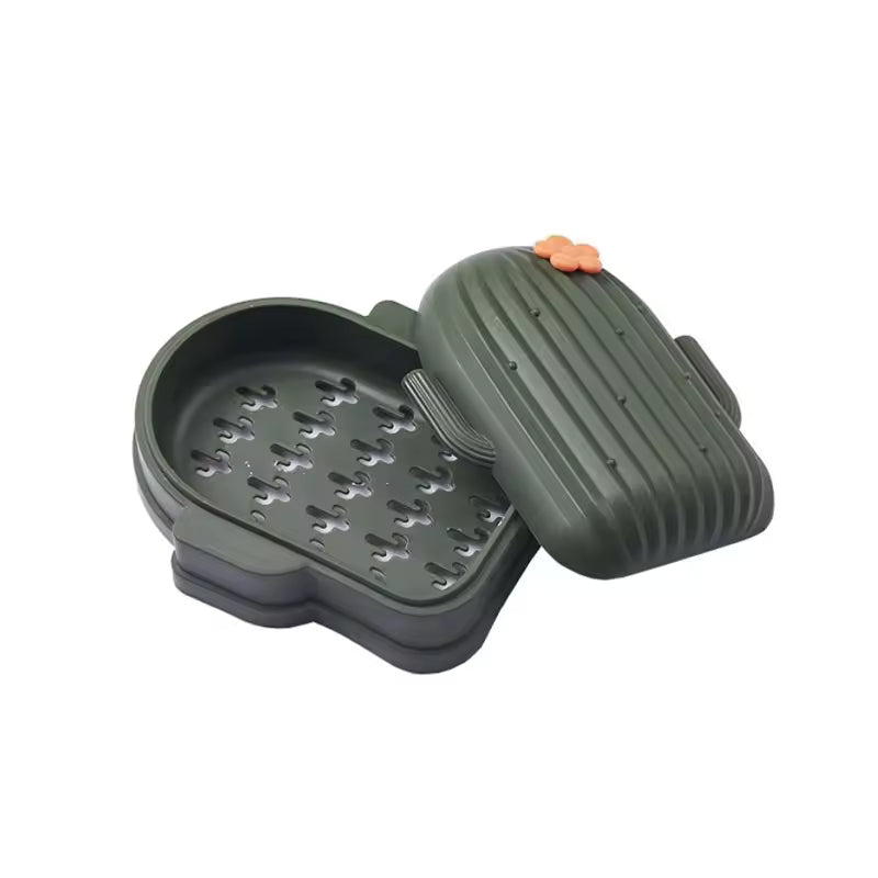 Clarify.pk cactus shape soap dish holder in dark green with lid and small orange flower on top