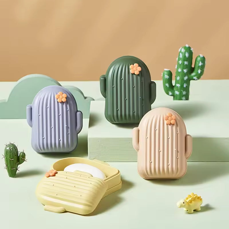 Clarify.pk cactus shape soap dish holder in pastel colors with floral detail and soap inside
