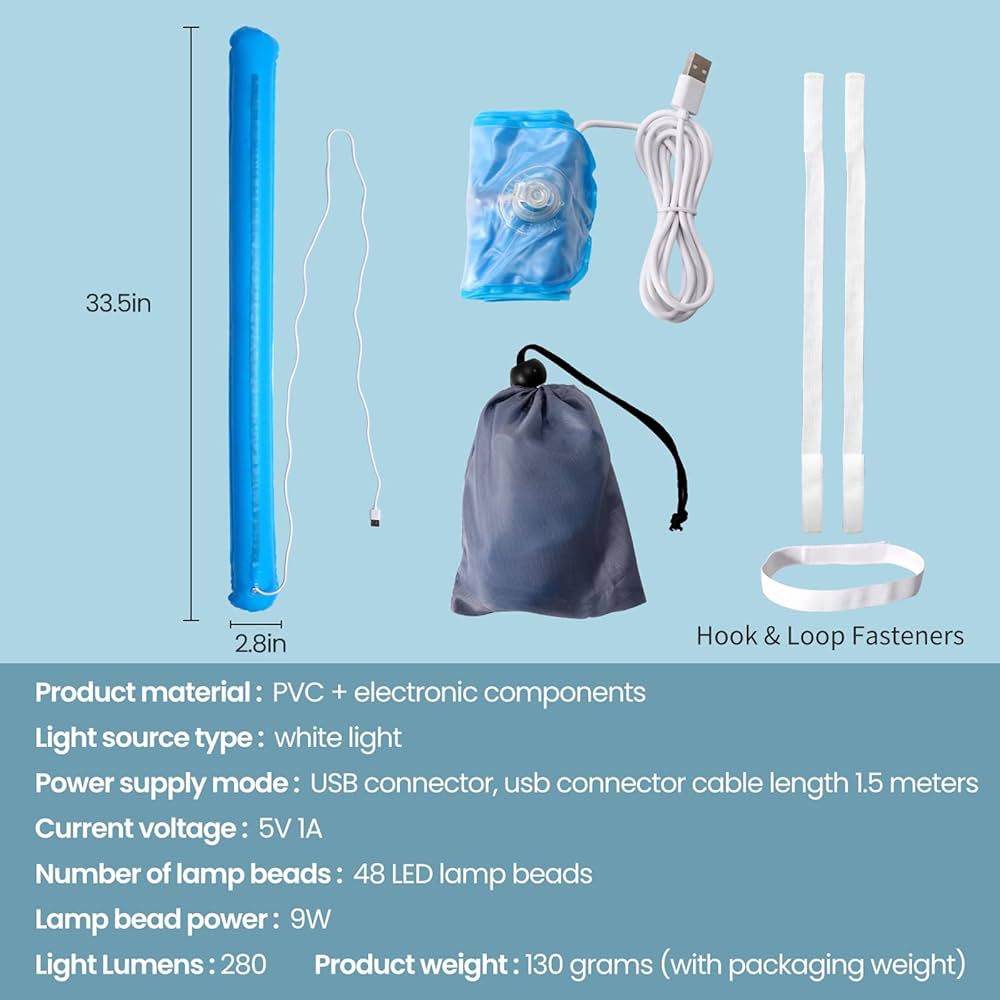 Camping inflatable light kit with blue inflatable tube USB cable hook and loop fasteners and storage pouch