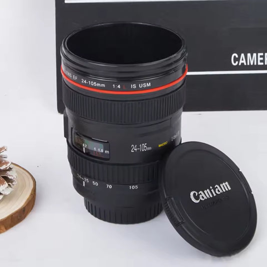 Clarify.pk camera lens coffee mug designed to look like a 24-105mm camera lens with removable lid