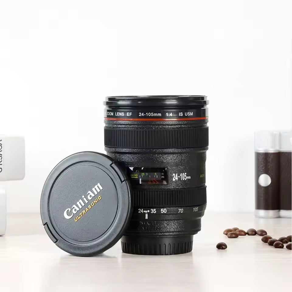 Camera lens coffee mug designed to look like a black 24-105mm camera lens with a removable lens cap