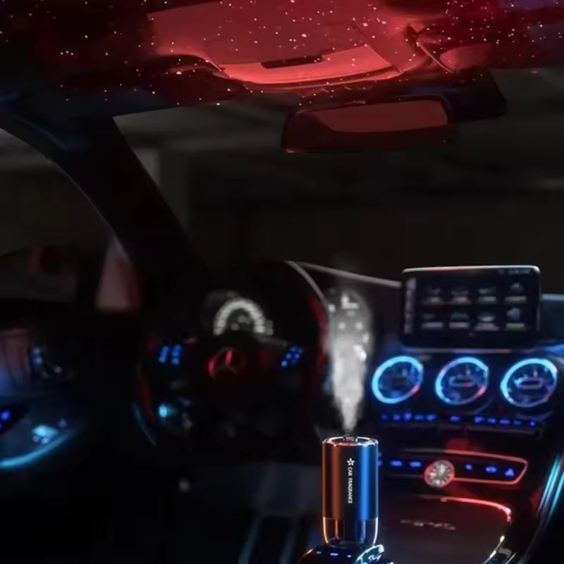 Clarify.pk car perfume air freshener releasing mist inside a luxury car with ambient lighting
