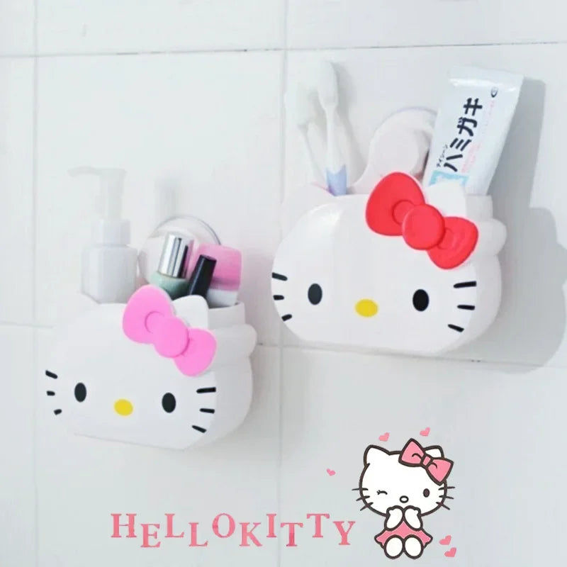 Cartoon bathroom organizer wall mount featuring Hello Kitty design holding toiletries on tiled wall