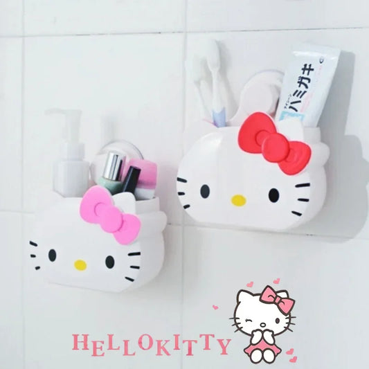 Cartoon bathroom organizer wall mount featuring Hello Kitty design holding toiletries on tiled wall
