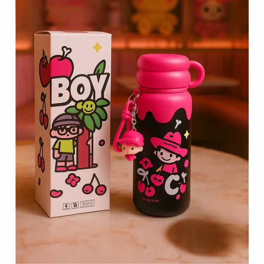 Cartoon cherry water bottle 500ml with pink lid and cute boy character design from Clarify.pk