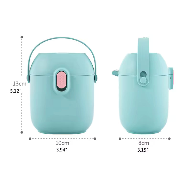 Clarify.pk cartoon infant milk powder container in teal with pink latch and handle for easy carrying