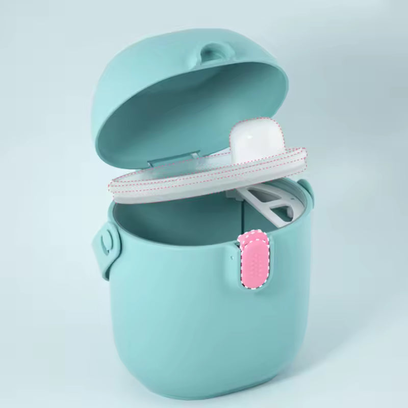 Clarify.pk cartoon infant milk powder container in blue with secure lid and pink latch for feeding