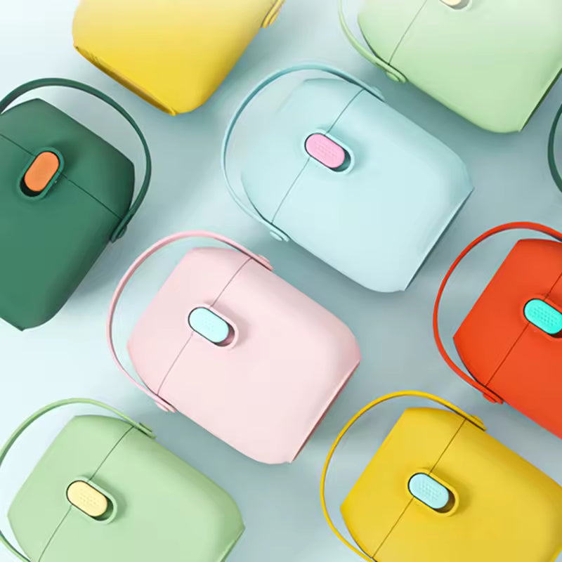 Colorful cartoon infant milk powder container by Clarify.pk in pastel shades with secure lids and handles