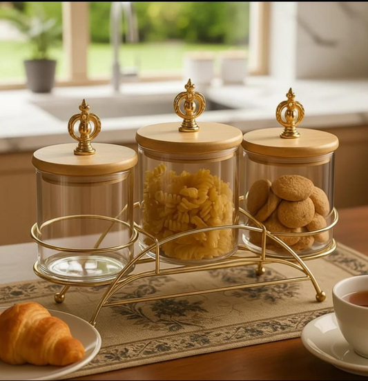 Premium 3-Piece Glass Jar Set – Metal Stand